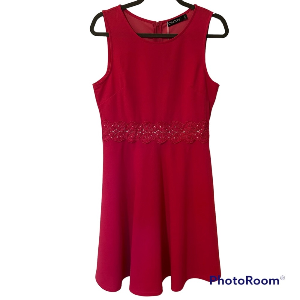 OWIN Fushia Fit and Flare Sleeveless Dress with Lace at Waist SZ L